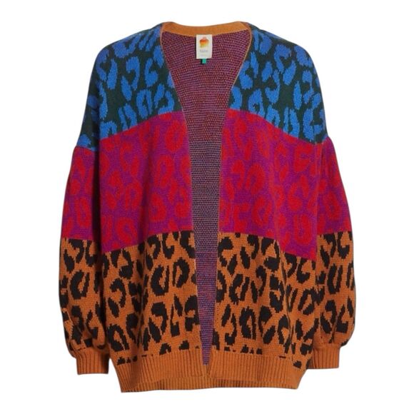 Farm Rio Striped Leopard Cardigan Sweater Open Front Womens XS Oversized - Picture 2 of 14